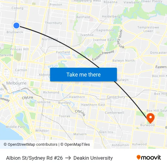 Albion St/Sydney Rd #26 to Deakin University map