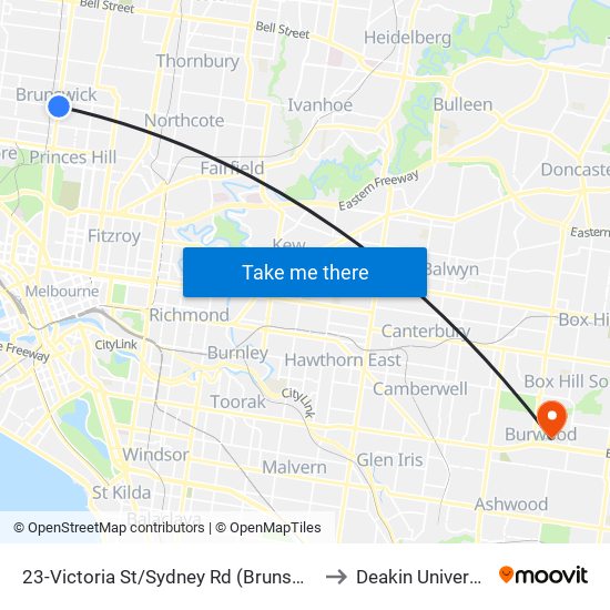 23-Victoria St/Sydney Rd (Brunswick) to Deakin University map