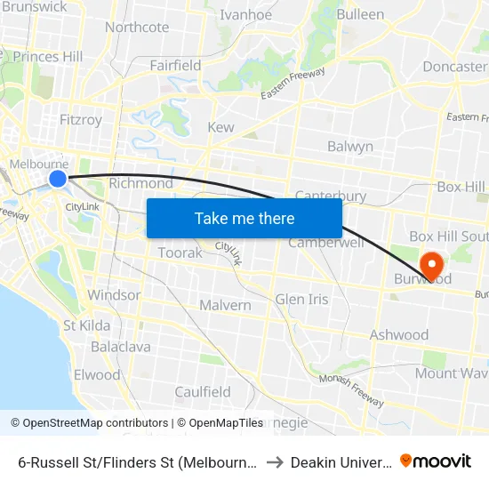 Russell St/Flinders St #6 to Deakin University map