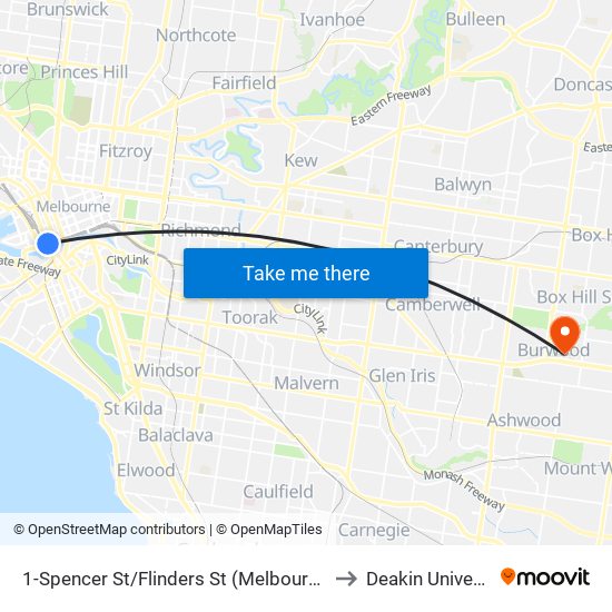 1-Spencer St/Flinders St (Melbourne City) to Deakin University map