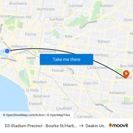 D3-Stadium Precinct - Bourke St/Harbour Esp (Docklands) to Deakin University map