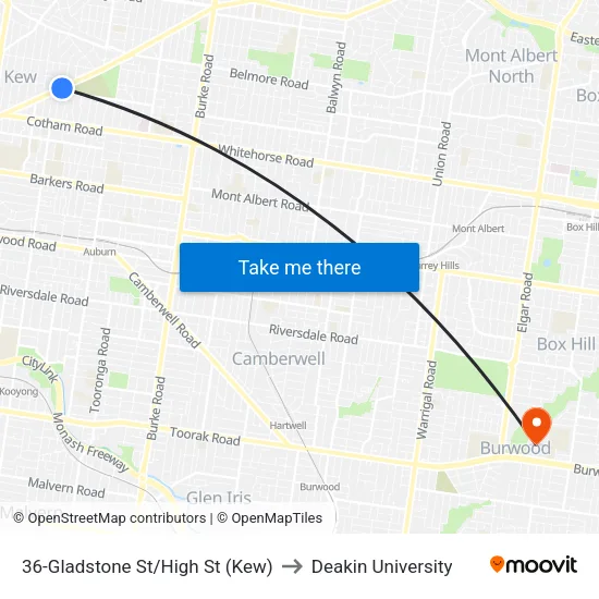 Gladstone St/High St #36 to Deakin University map