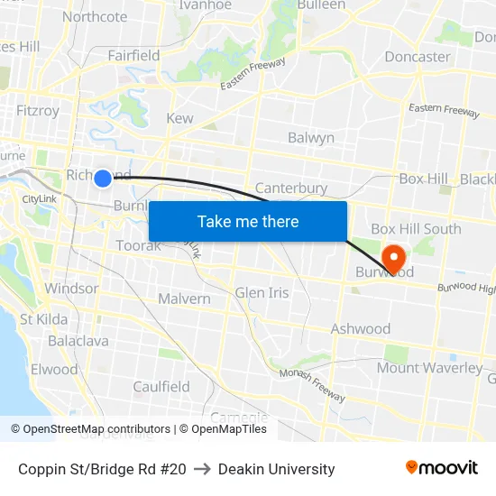 Coppin St/Bridge Rd #20 to Deakin University map