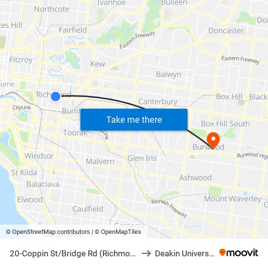 20-Coppin St/Bridge Rd (Richmond) to Deakin University map