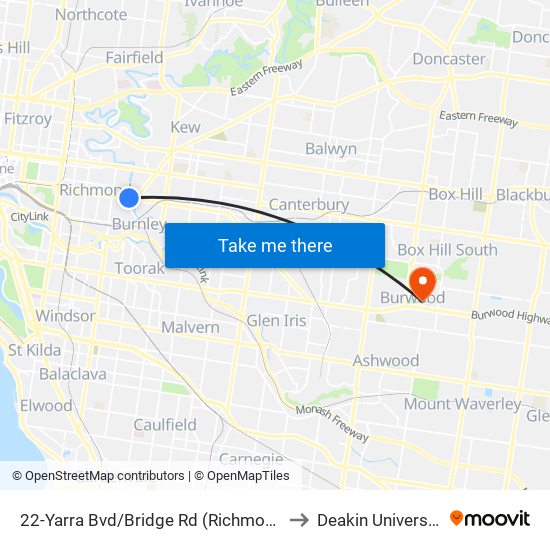 22-Yarra Bvd/Bridge Rd (Richmond) to Deakin University map