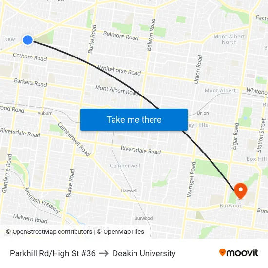 Parkhill Rd/High St #36 to Deakin University map