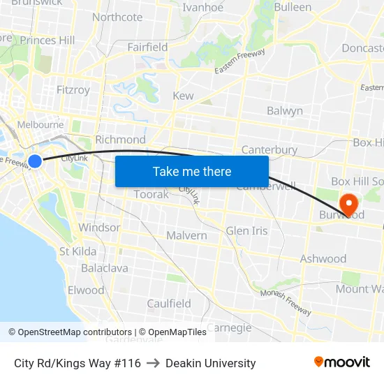 City Rd/Kings Way #116 to Deakin University map