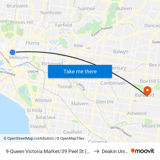 9-Queen Victoria Market/39 Peel St (North Melbourne) to Deakin University map