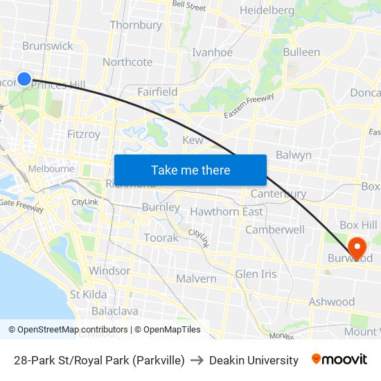 28-Park St/Royal Park (Parkville) to Deakin University map