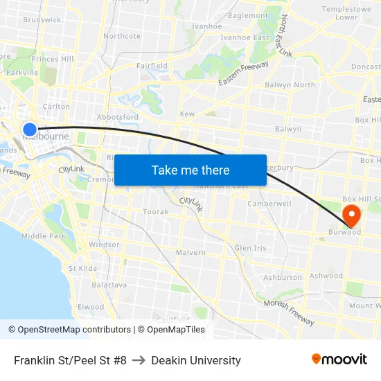 Franklin St/Peel St #8 to Deakin University map