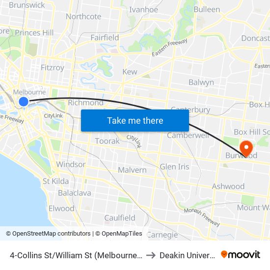 4-Collins St/William St (Melbourne City) to Deakin University map