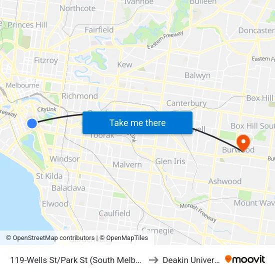 Wells St/Park St #119 to Deakin University map