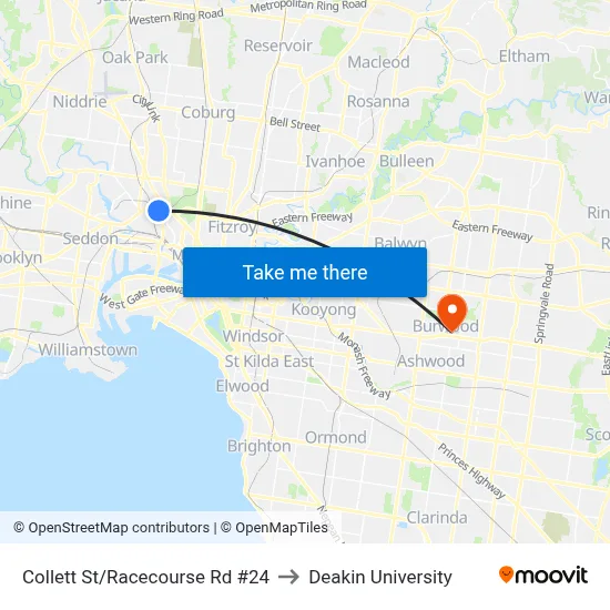 Collett St/Racecourse Rd #24 to Deakin University map