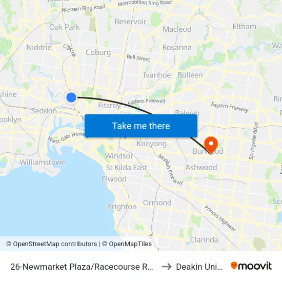 Newmarket Plaza/Racecourse Rd #26 to Deakin University map
