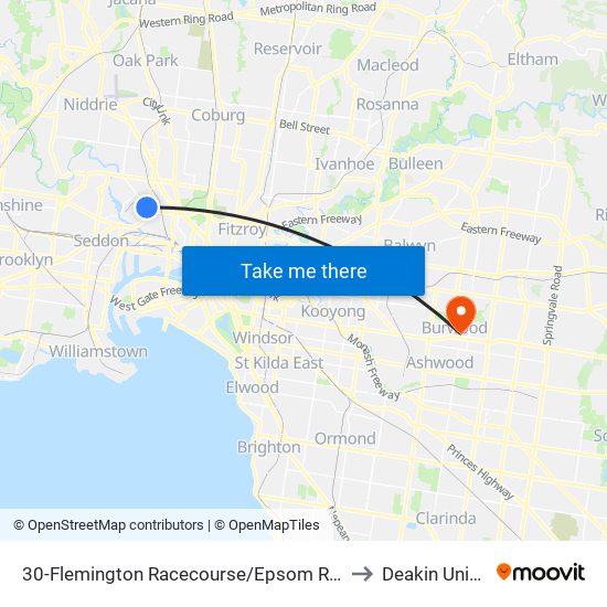 30-Flemington Racecourse/Epsom Rd (Flemington) to Deakin University map