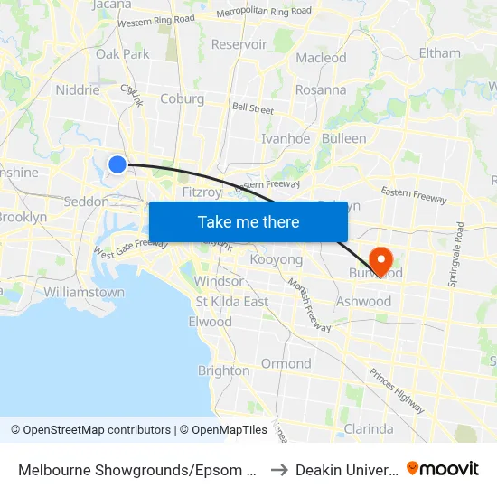 Melbourne Showgrounds/Epsom Rd #33 to Deakin University map