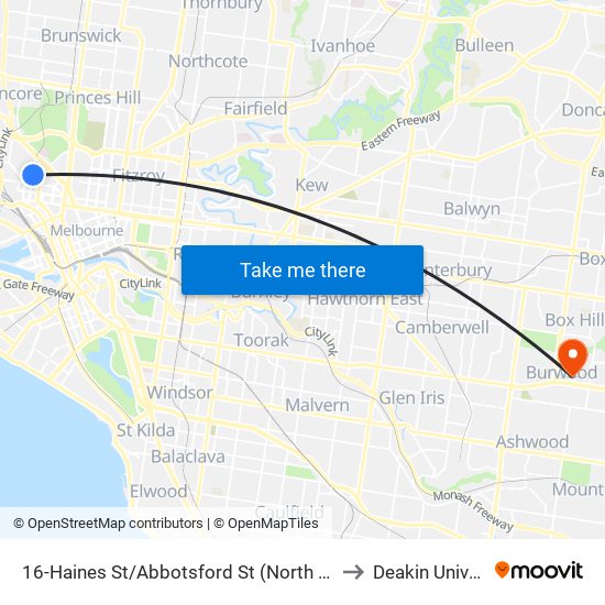 16-Haines St/Abbotsford St (North Melbourne) to Deakin University map