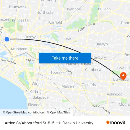 Arden St/Abbotsford St #15 to Deakin University map