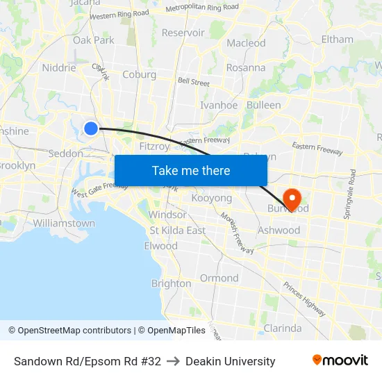 Sandown Rd/Epsom Rd #32 to Deakin University map