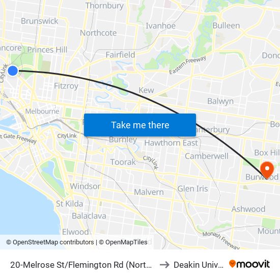 20-Melrose St/Flemington Rd (North Melbourne) to Deakin University map