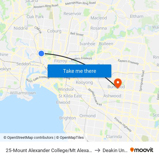 25-Mount Alexander College/Mt Alexander Rd (Travancore) to Deakin University map