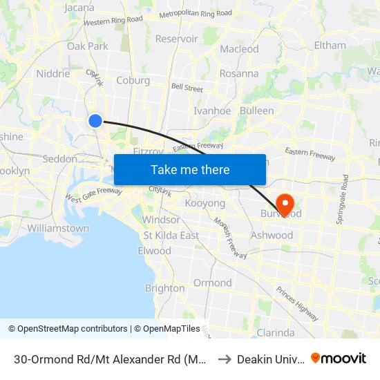 30-Ormond Rd/Mt Alexander Rd (Moonee Ponds) to Deakin University map