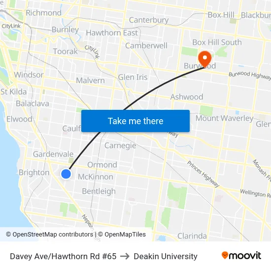Davey Ave/Hawthorn Rd #65 to Deakin University map
