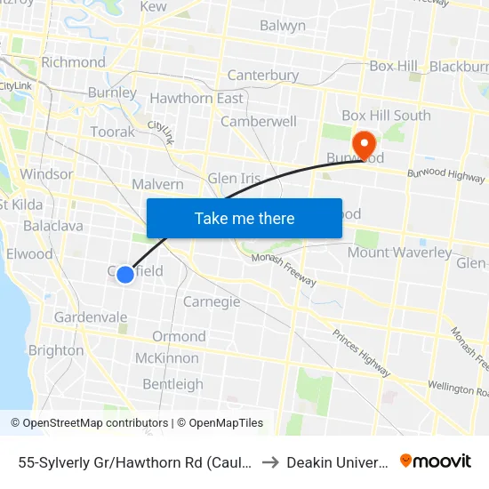 Sylverly Gr/Hawthorn Rd #55 to Deakin University map
