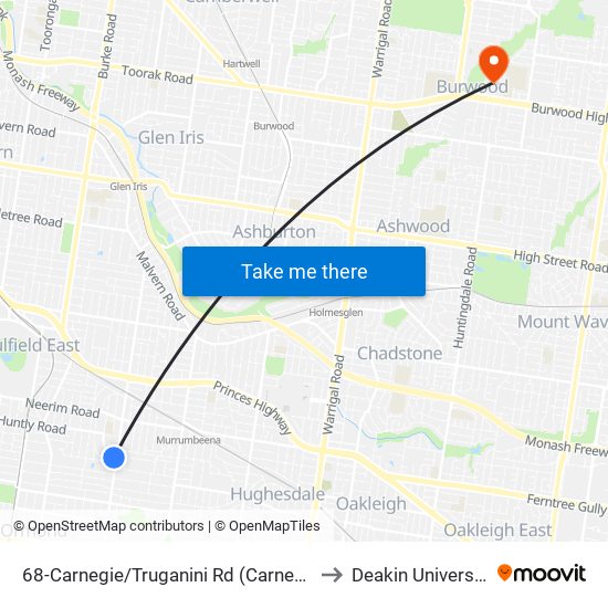 68-Carnegie/Truganini Rd (Carnegie) to Deakin University map