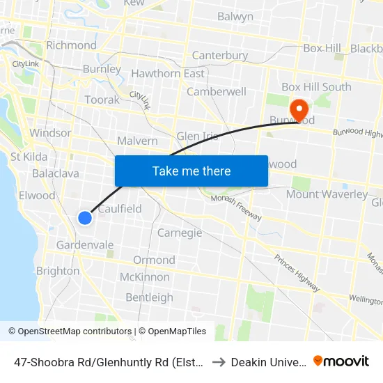 Shoobra Rd/Glenhuntly Rd #47 to Deakin University map