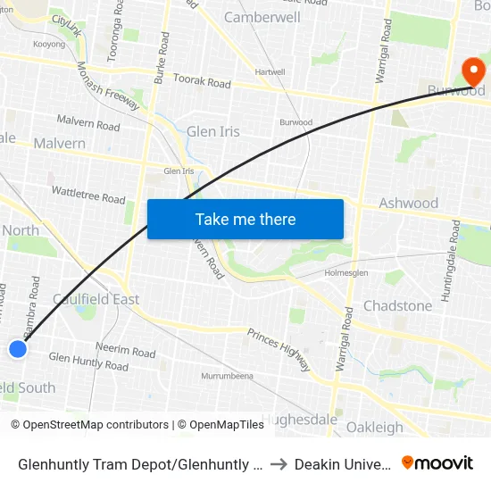 Glenhuntly Tram Depot/Glenhuntly Rd #53 to Deakin University map