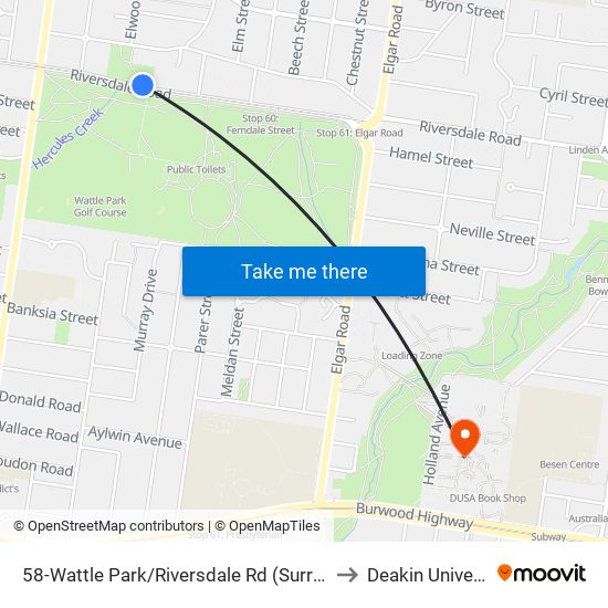 58-Wattle Park/Riversdale Rd (Surrey Hills) to Deakin University map