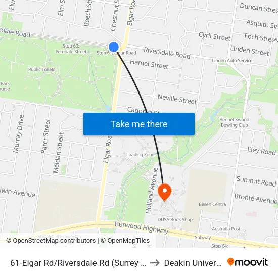 Elgar Rd/Riversdale Rd #61 to Deakin University map