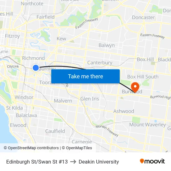 Edinburgh St/Swan St #13 to Deakin University map