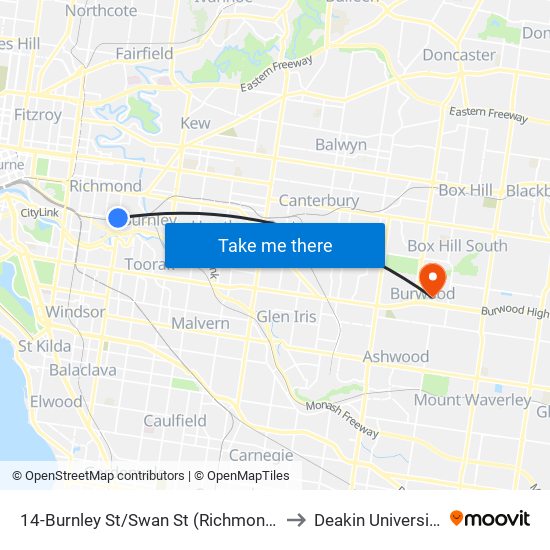 14-Burnley St/Swan St (Richmond) to Deakin University map