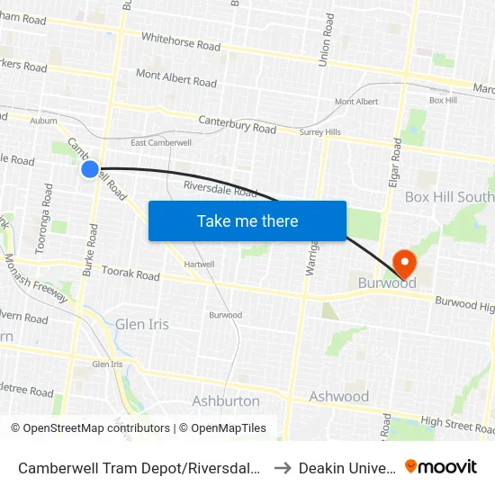 Camberwell Tram Depot/Riversdale Rd #39 to Deakin University map