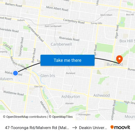Tooronga Rd/Malvern Rd #47 to Deakin University map