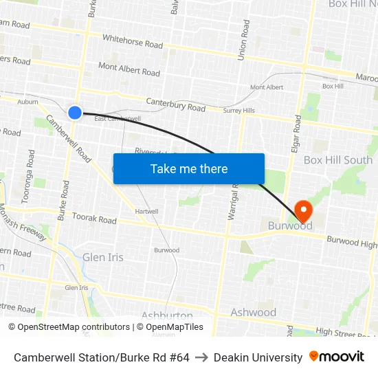 Camberwell Station/Burke Rd #64 to Deakin University map