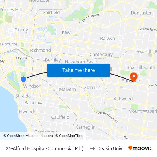 26-Alfred Hospital/Commercial Rd (South Yarra) to Deakin University map