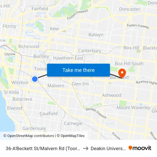 A'Beckett St/Malvern Rd #36 to Deakin University map