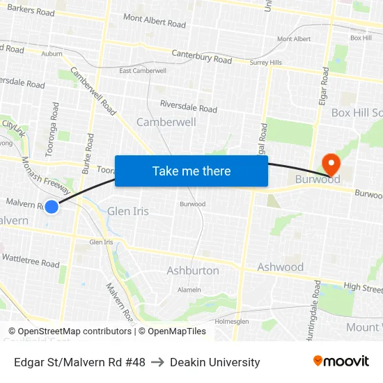 Edgar St/Malvern Rd #48 to Deakin University map
