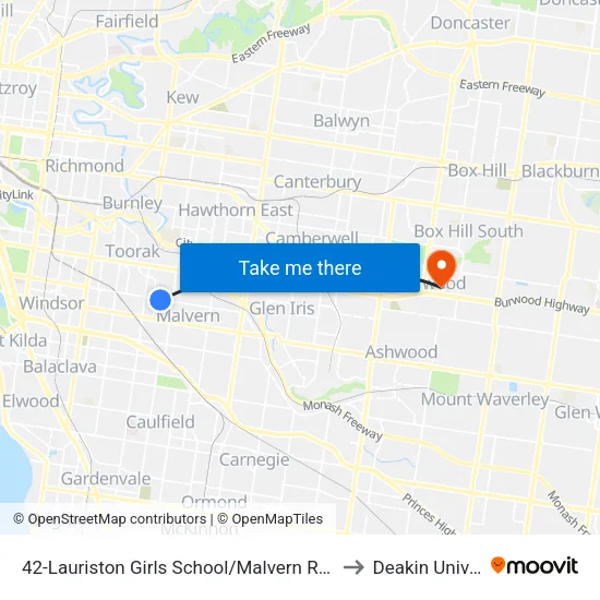 Lauriston Girls School/Malvern Rd #42 to Deakin University map