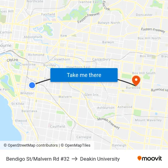 Bendigo St/Malvern Rd #32 to Deakin University map