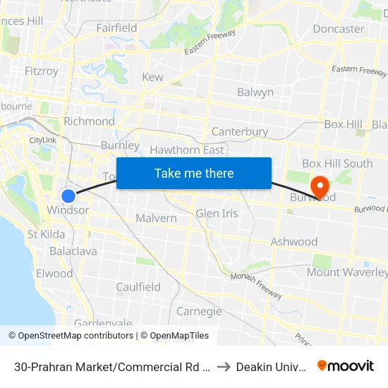 Prahran Market/Commercial Rd #30 to Deakin University map