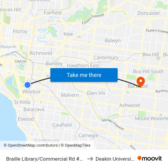 Braille Library/Commercial Rd #28 to Deakin University map