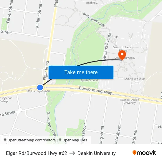 Elgar Rd/Burwood Hwy #62 to Deakin University map