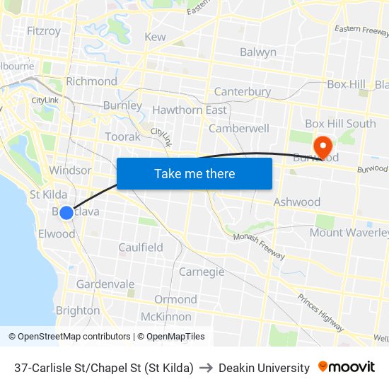 37-Carlisle St/Chapel St (St Kilda) to Deakin University map