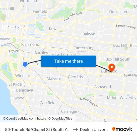 50-Toorak Rd/Chapel St (South Yarra) to Deakin University map