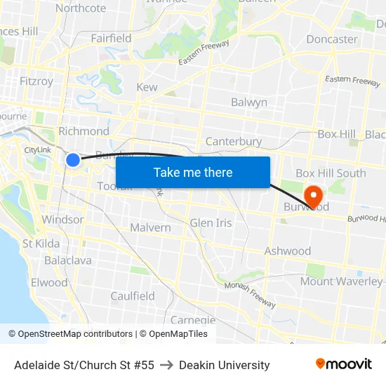 Adelaide St/Church St #55 to Deakin University map