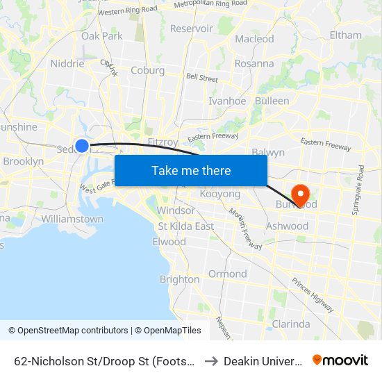 62-Nicholson St/Droop St (Footscray) to Deakin University map